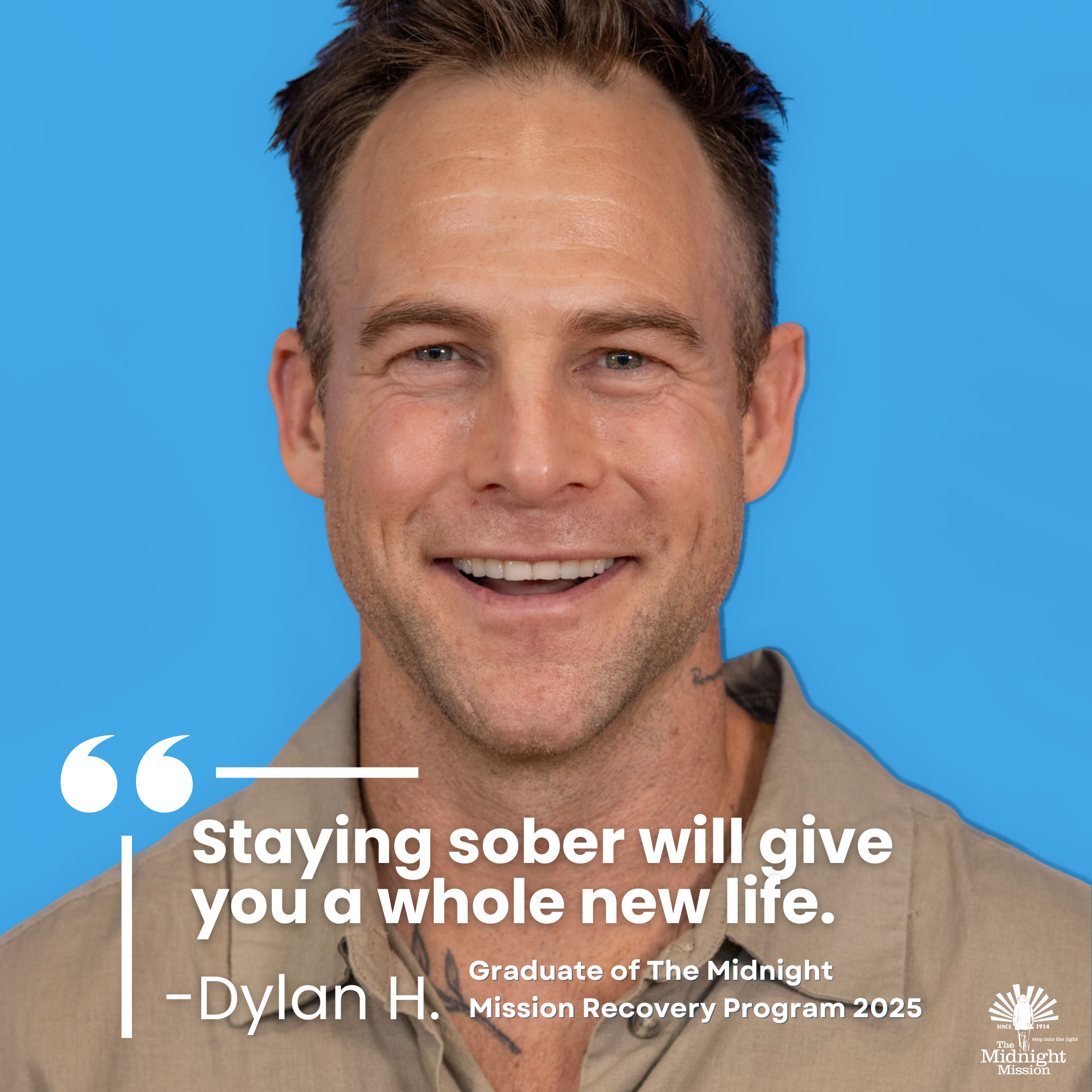 Smiling participants and quote graphic from The Midnight Mission’s 12‑Step Recovery Program in Los Angeles Skid Row supporting sobriety.